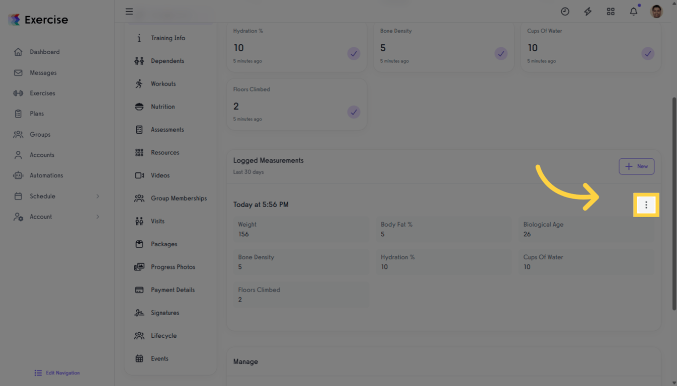 Three-dot options menu next to a measurement entry