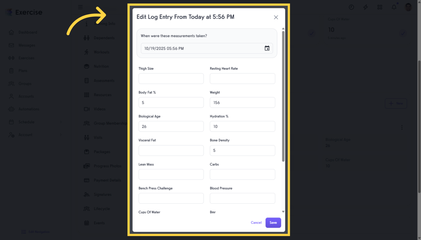 Edit Log Entry modal with date and measurement fields