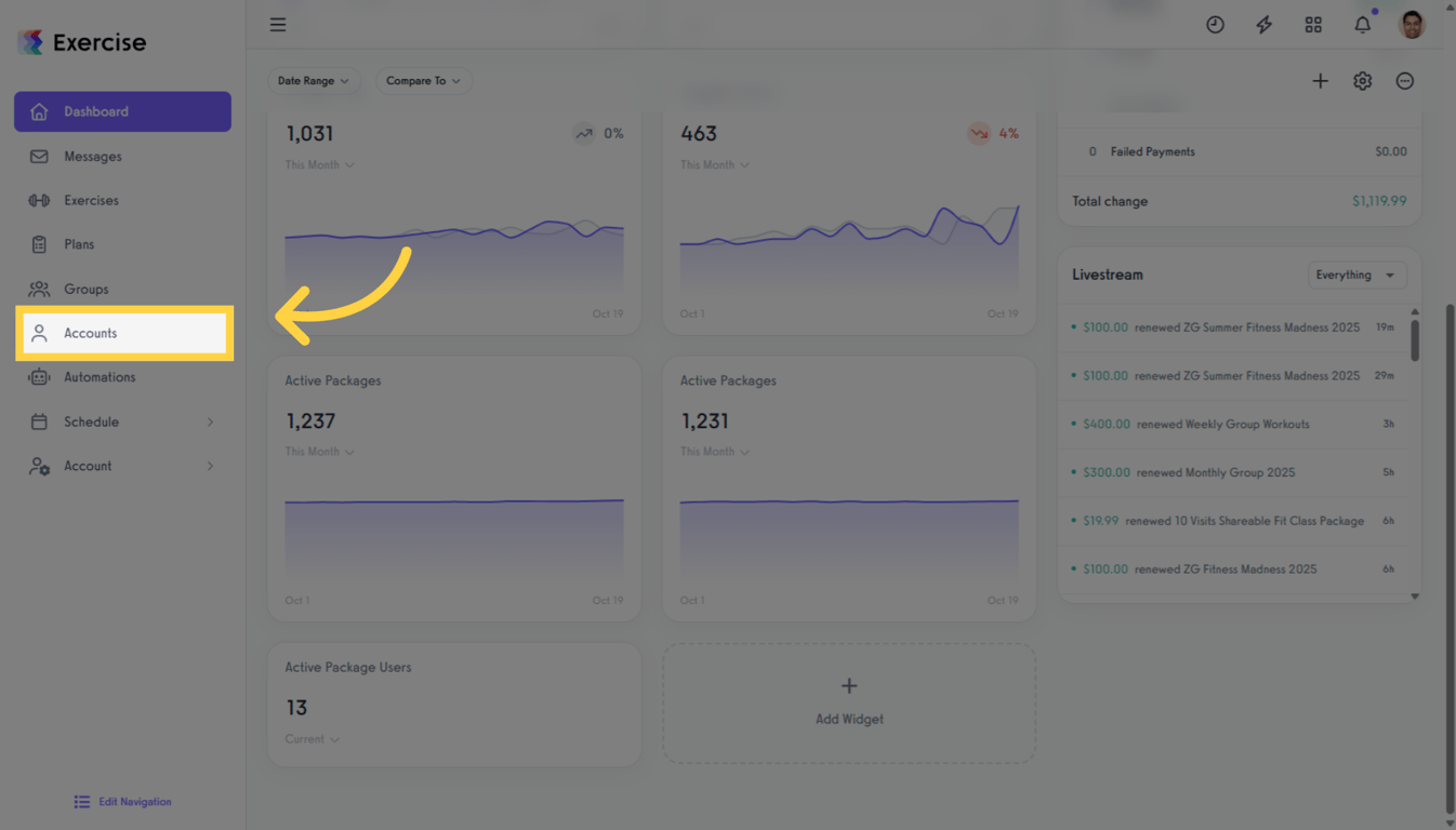 Clients tab on the Exercise.com dashboard