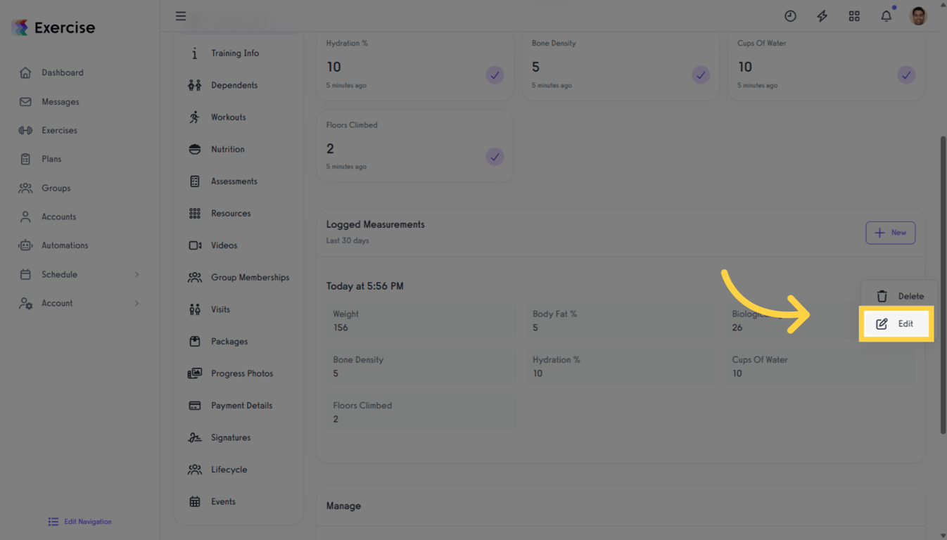 Edit option in the measurement entry menu