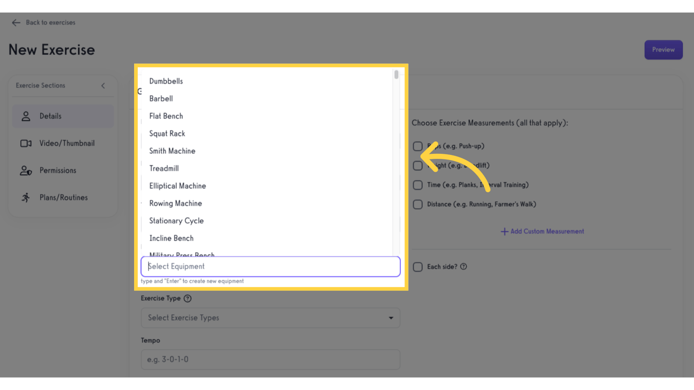 Click the 'Equipment' field.