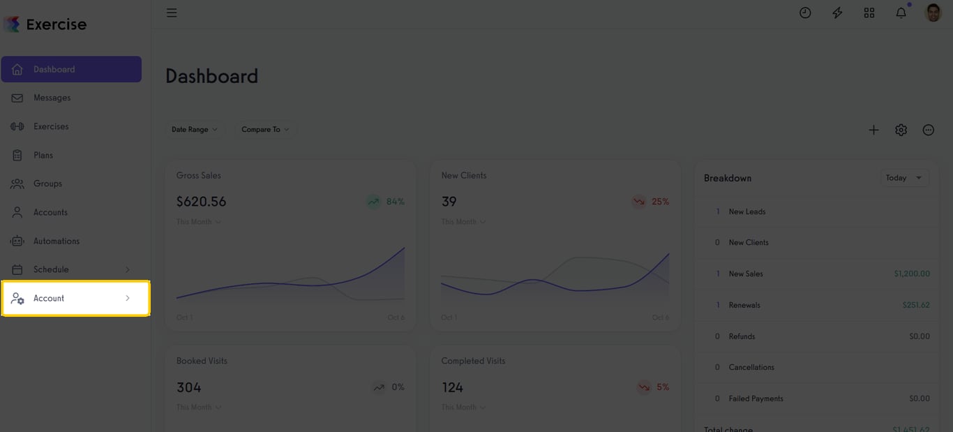Links option under Account tab