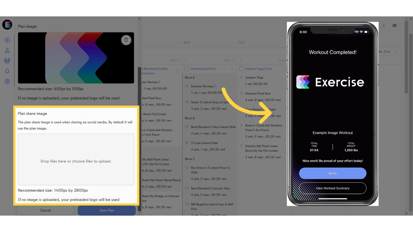 The Plan Share Image is what your clients will see immediately after they finish logging a workout from this plan.