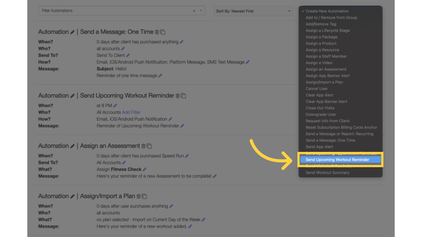 Create New Automation: “Send Upcoming Workout Reminder.”