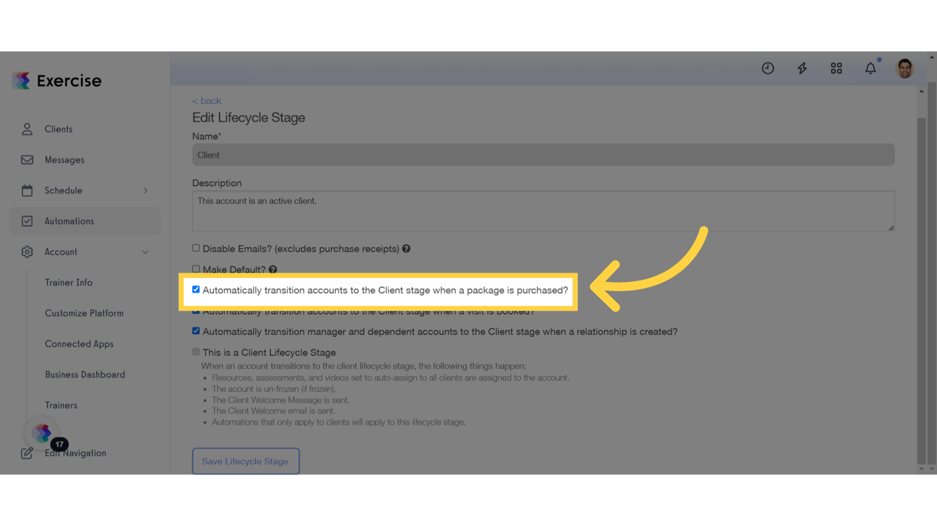 Lifecycle Stage Setting for Package Purchased