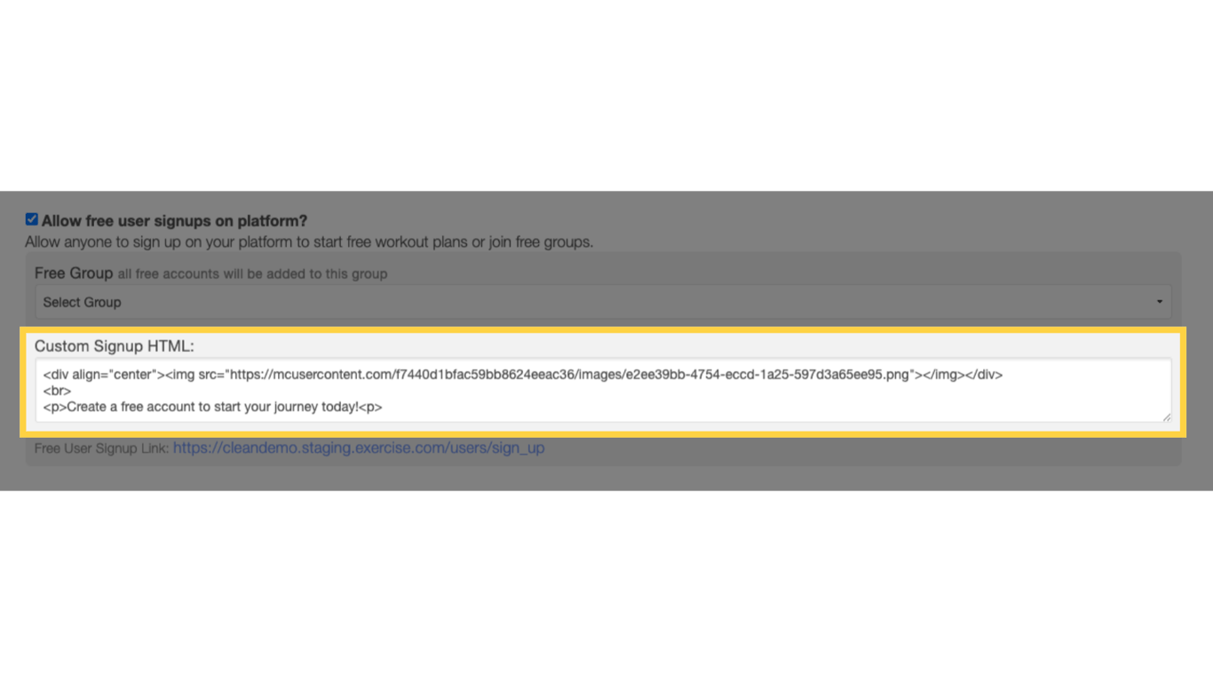 Enter custom Signup HTML.