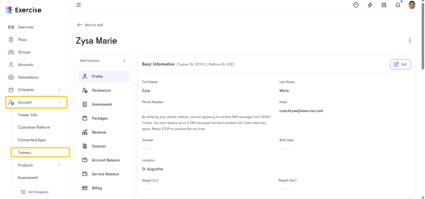 Trainers tab under Account section