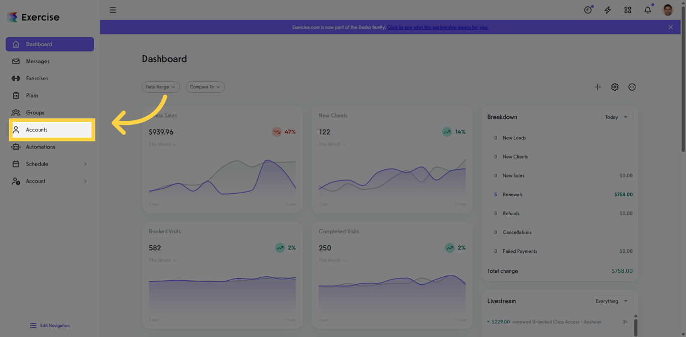 Screenshot showing Accounts section on Dashboard.