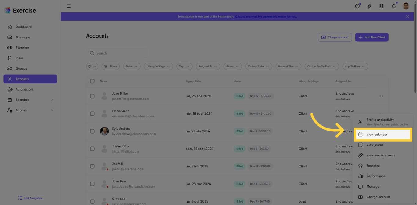 Screenshot showing the client calendar view.