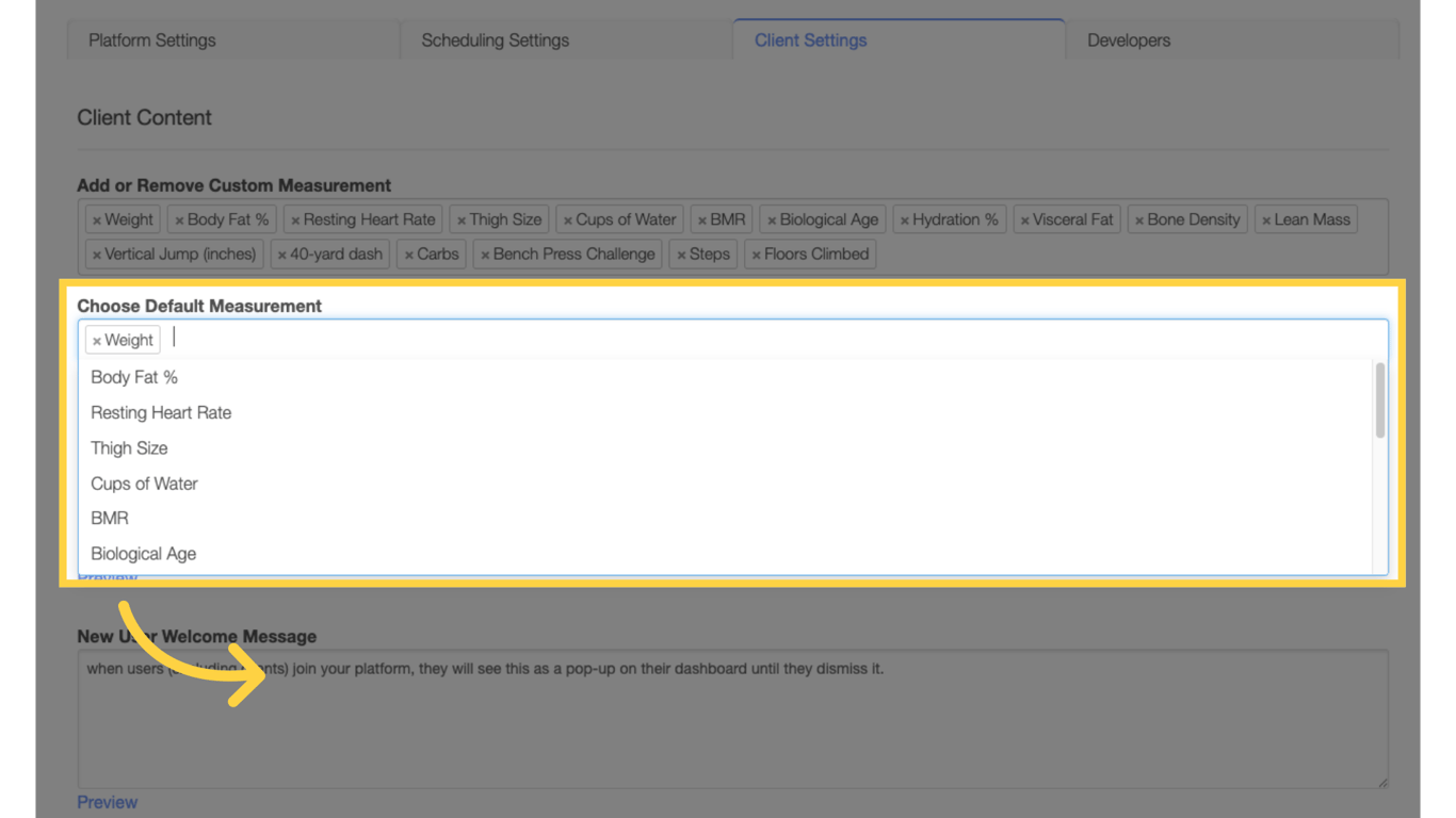 Click on the “Custom Default Measurement” drop-down list.