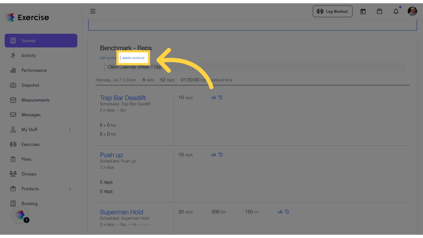 Click 'delete workout'