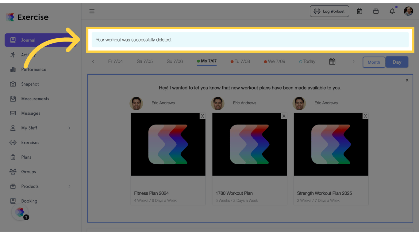 Click 'Your workout was successfully deleted.'