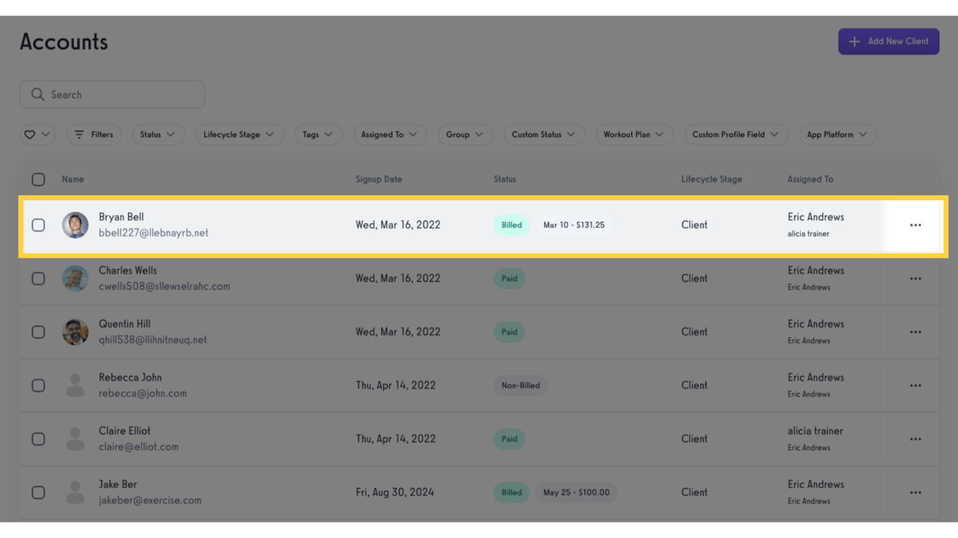Select and click the client's name.