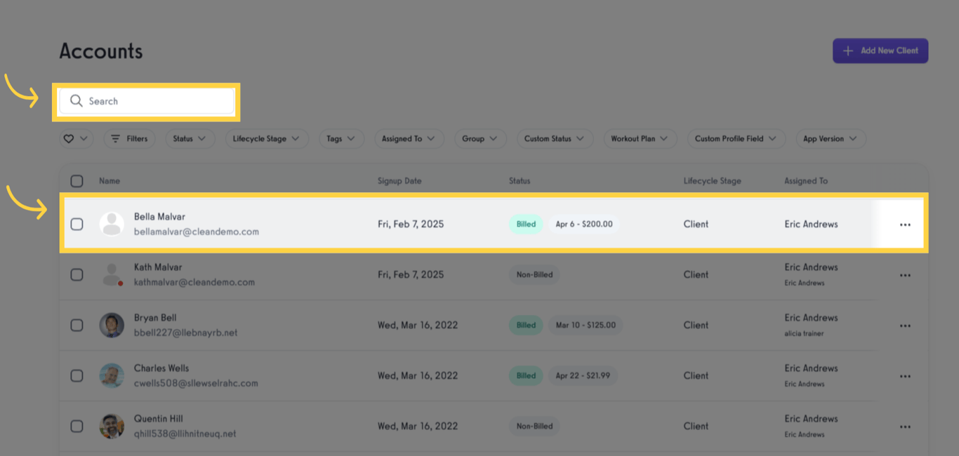 Search or select a client.