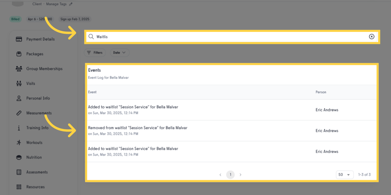 Search and review 'Waitlist Event Log'.