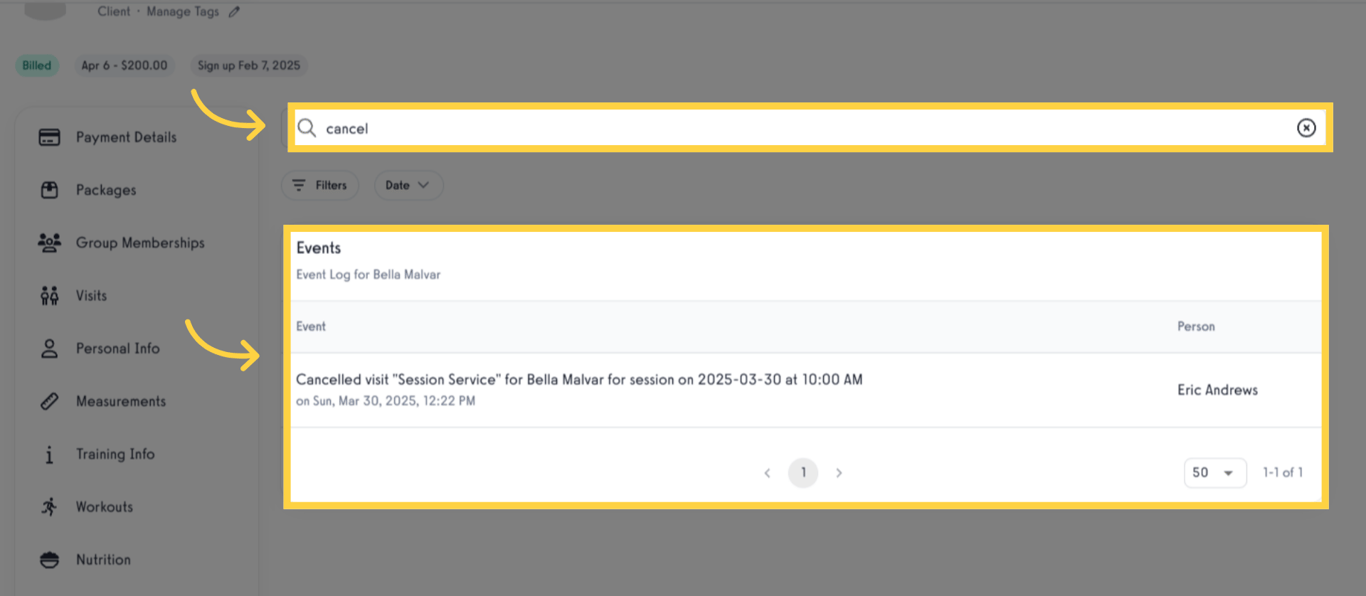 Search and review 'Cancelled Session Event Log'.