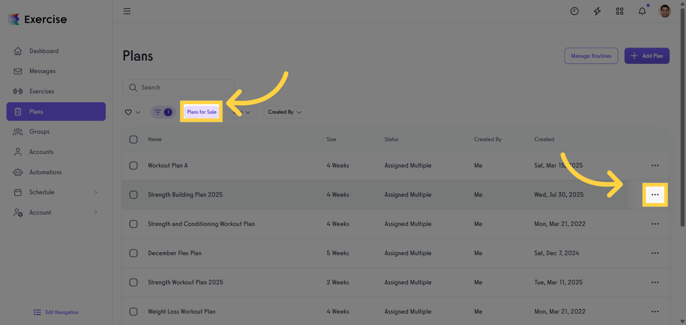 Filter workout plans for sale and open the menu