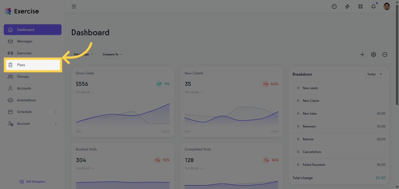 Plans section on the Exercise.com Dashboard