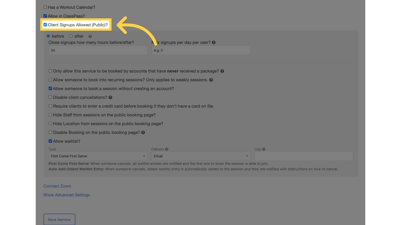 Enable 'Client Signups Allowed (Public)?'.