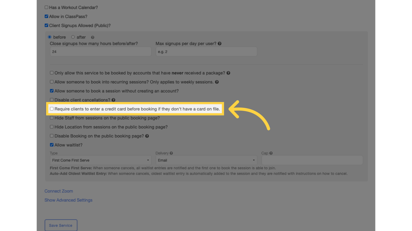 Disable 'Require clients to enter a credit card before booking if they don’t have a card on file'.