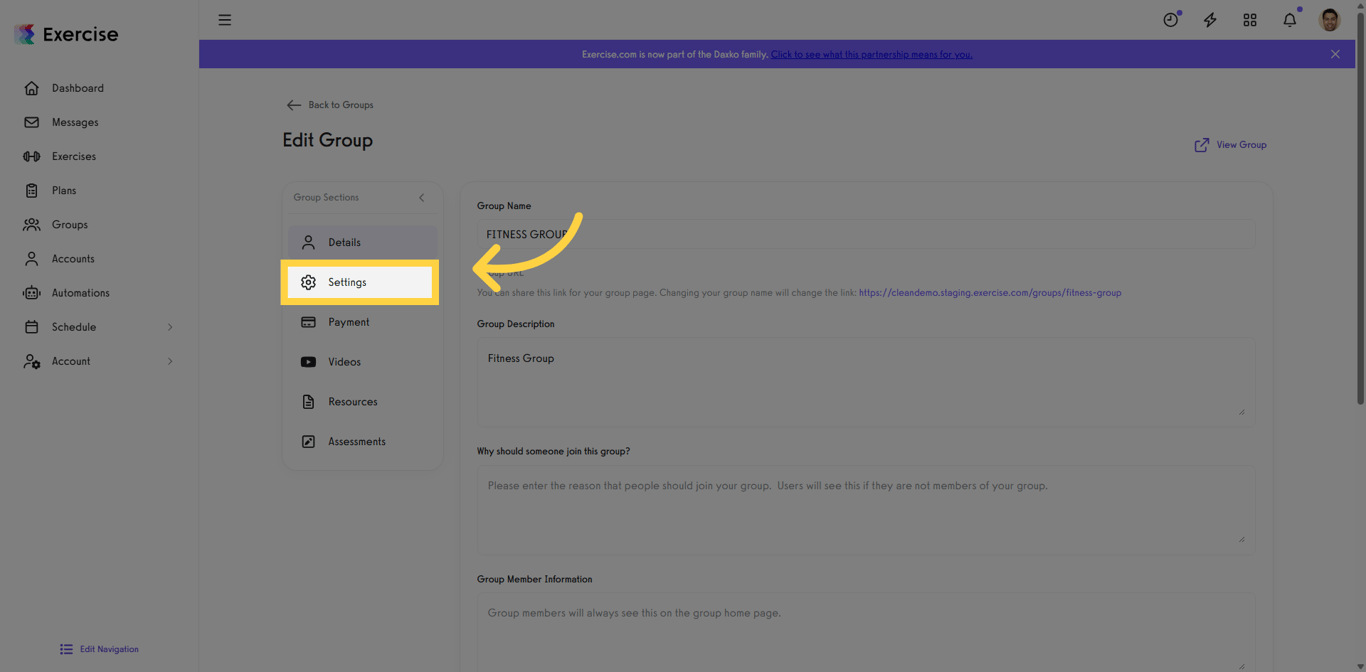 Access the group settings