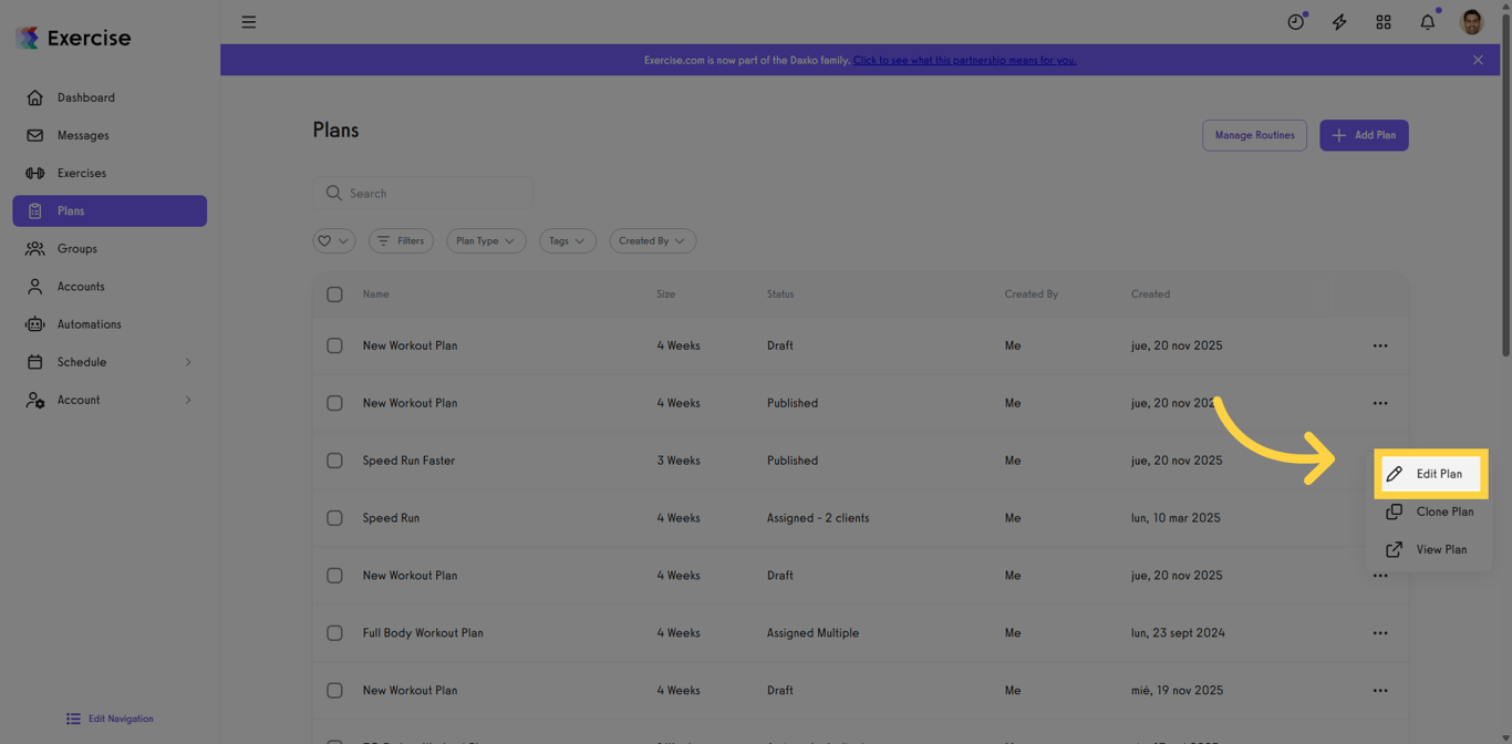 Screenshot of the Edit Plan option