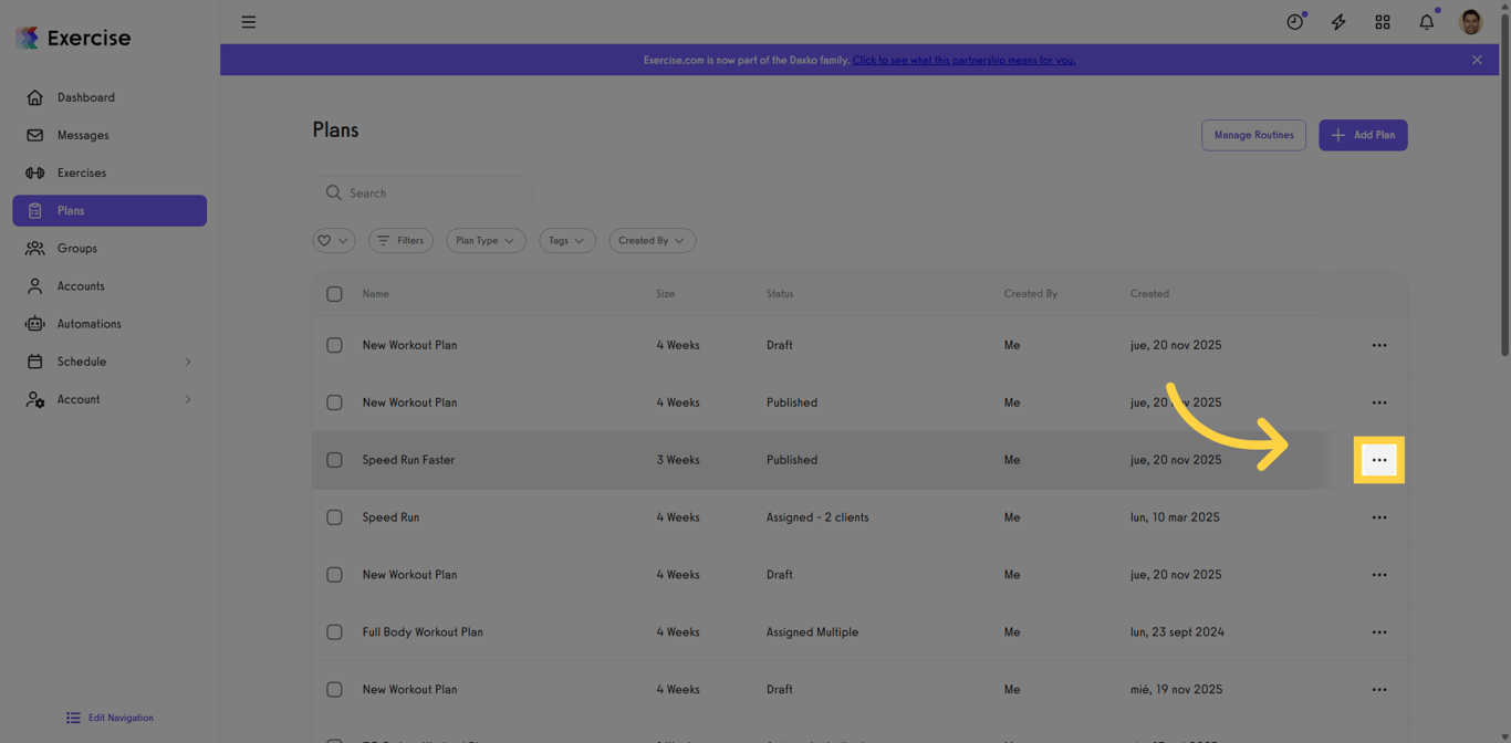 Screenshot showing plan options menu