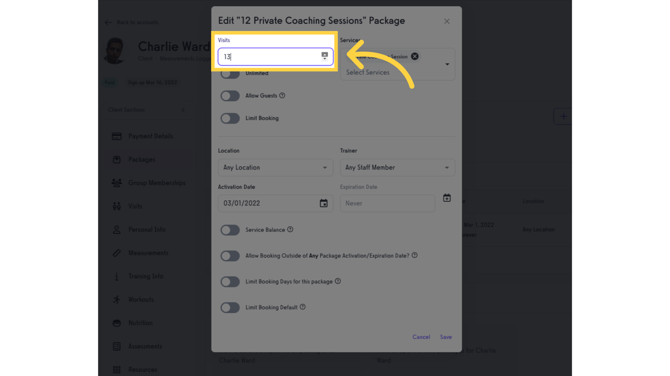Edit number of visits.