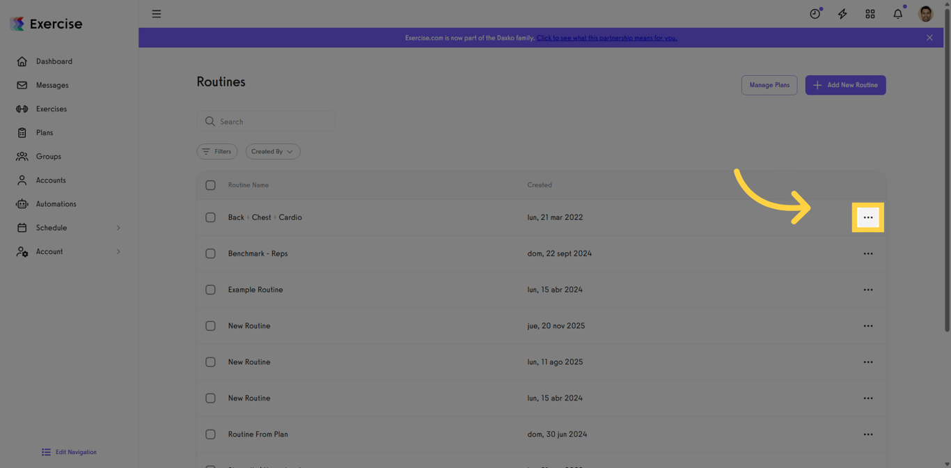 Screenshot of the options menu for a routine