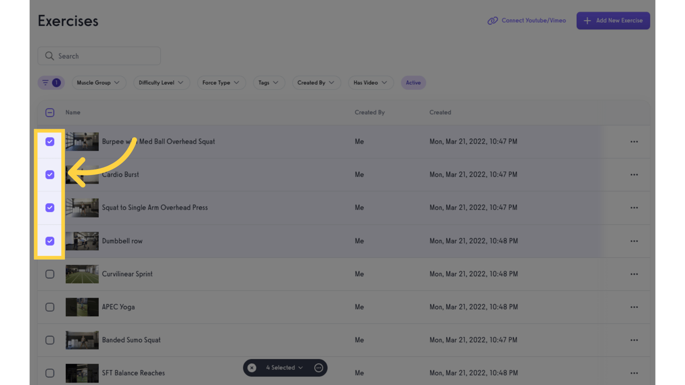 Select multiple exercises via the checkboxes.