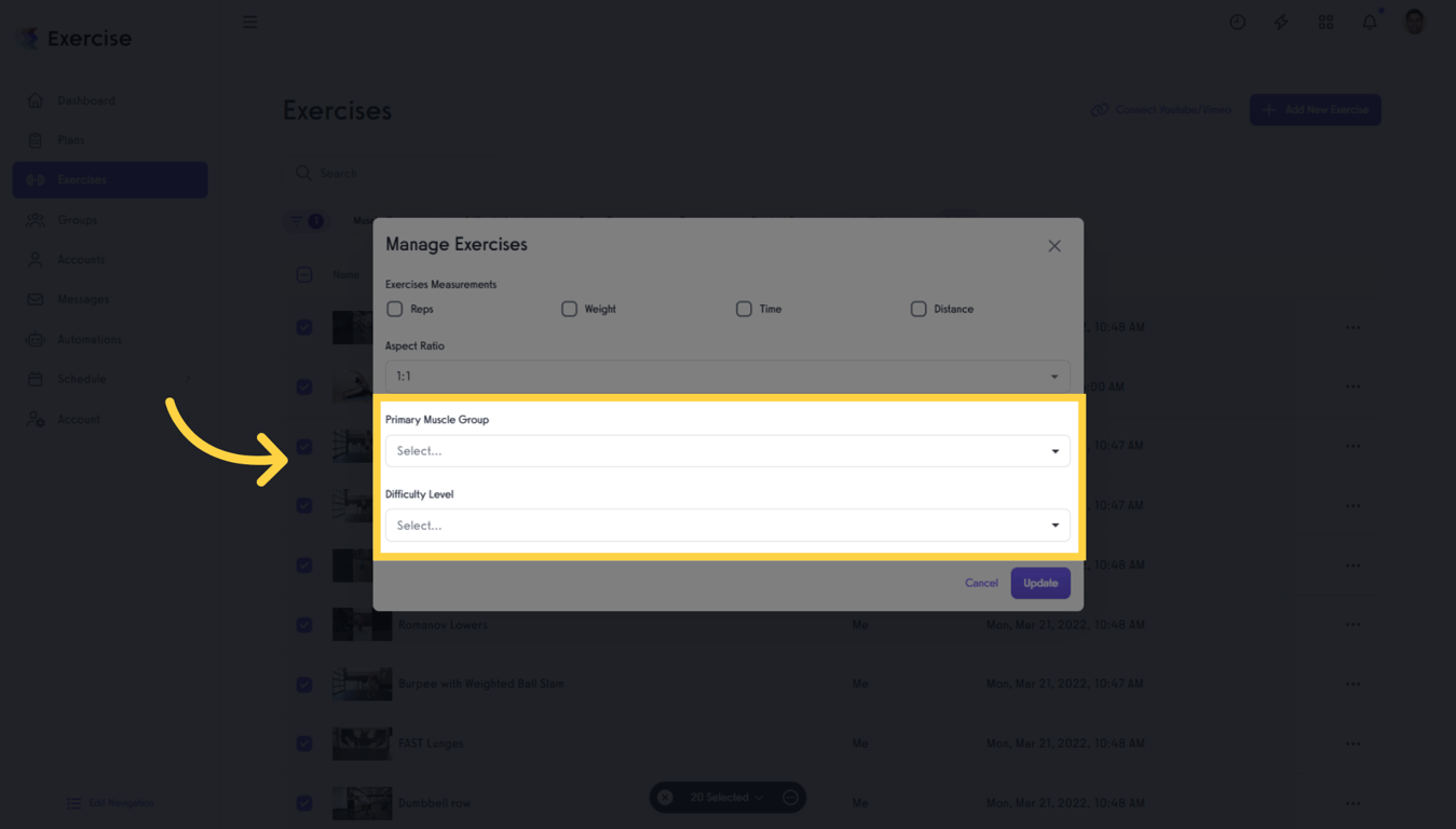 Select Primary Muscle Group and Difficulty Level