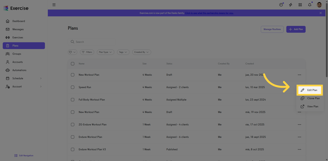 Open Edit Plan Option