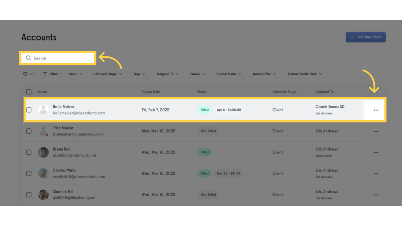 Search or select specific client.