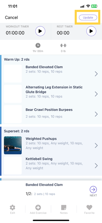 Tap Update to save workout changes.