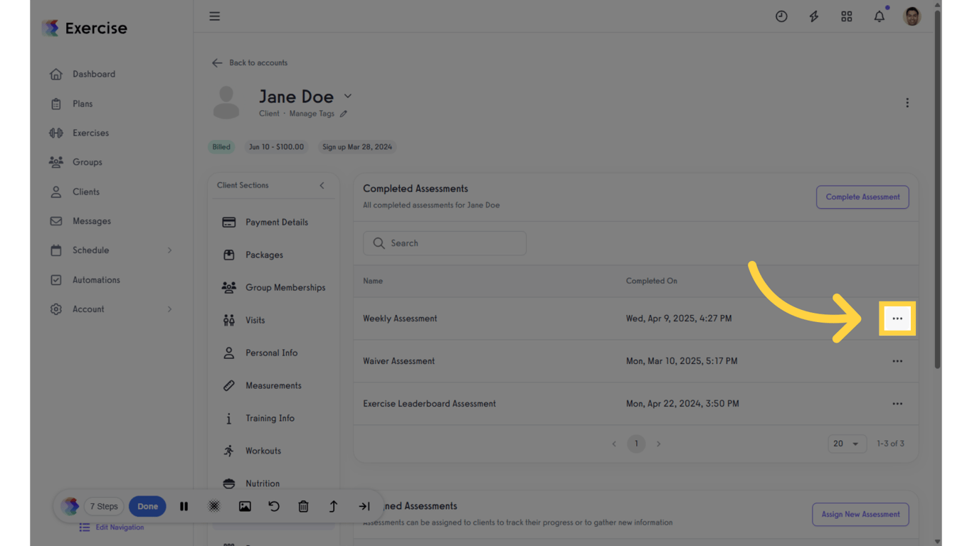 Click the three-dot menu on the selected completed assessment.