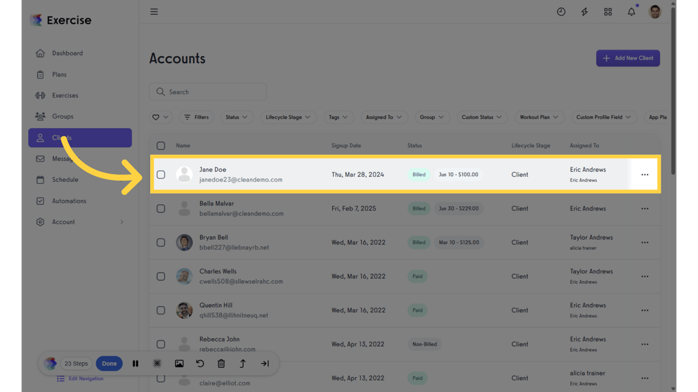 In the clients list, select a client.