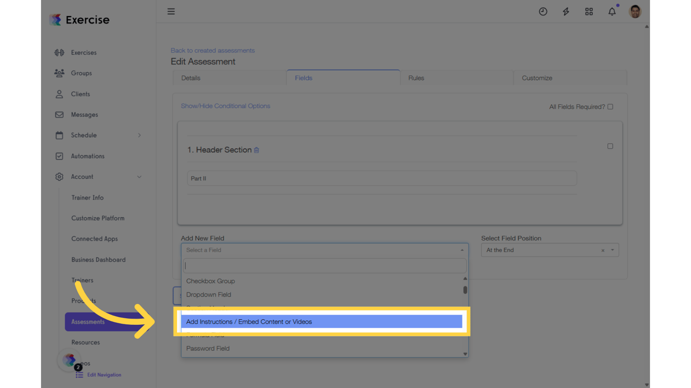 Click 'Add Instructions / Embed Content or Videos'  in the drop-down list.