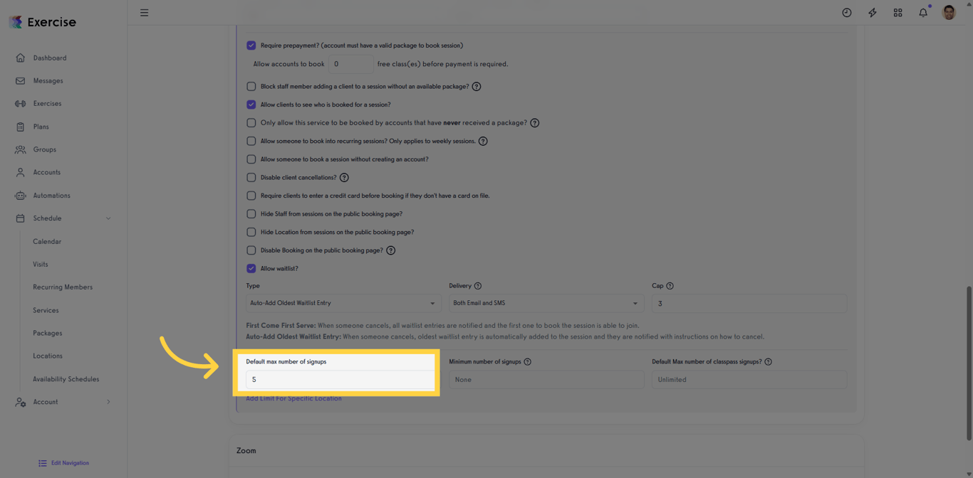 Enter the maximum number of signups before enabling the waitlist.