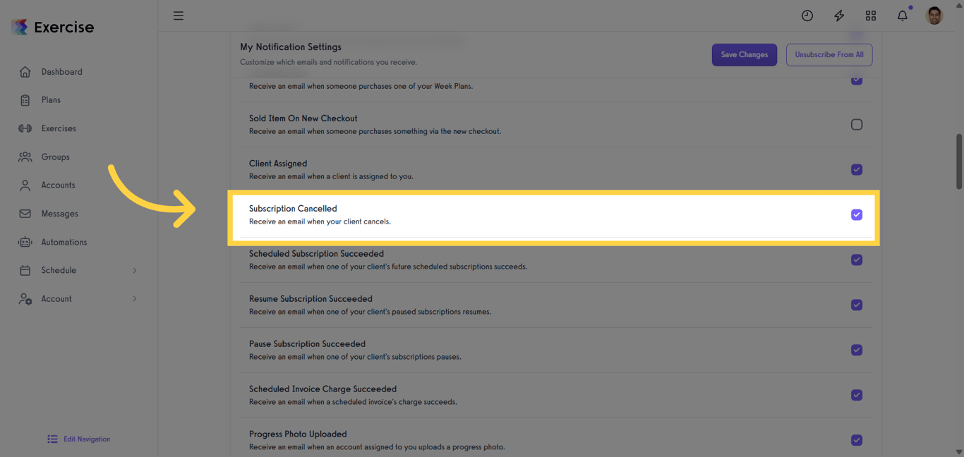 Subscription Cancelled email notification option in Exercise.com app.