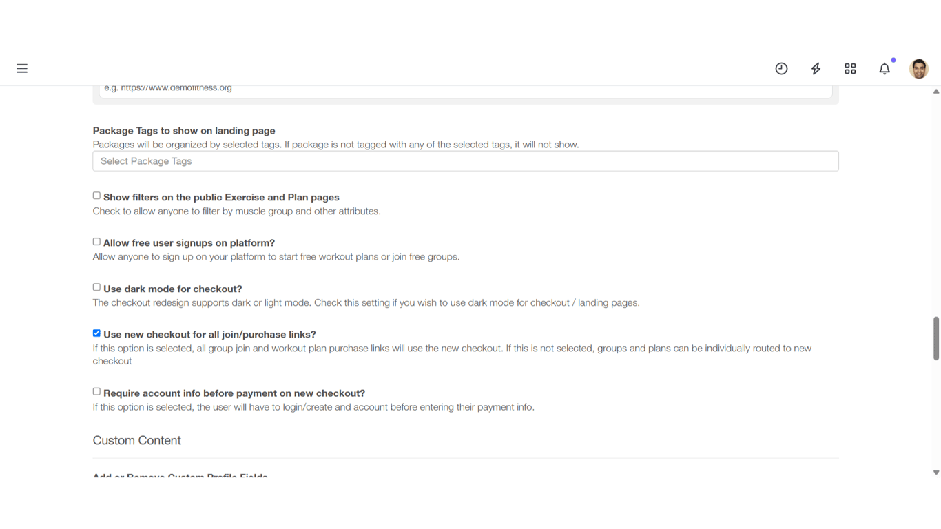 View 'Customize Platform - DEMO Fitness'