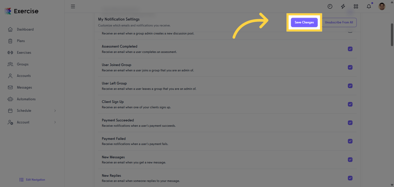 Save Changes button in notification settings.