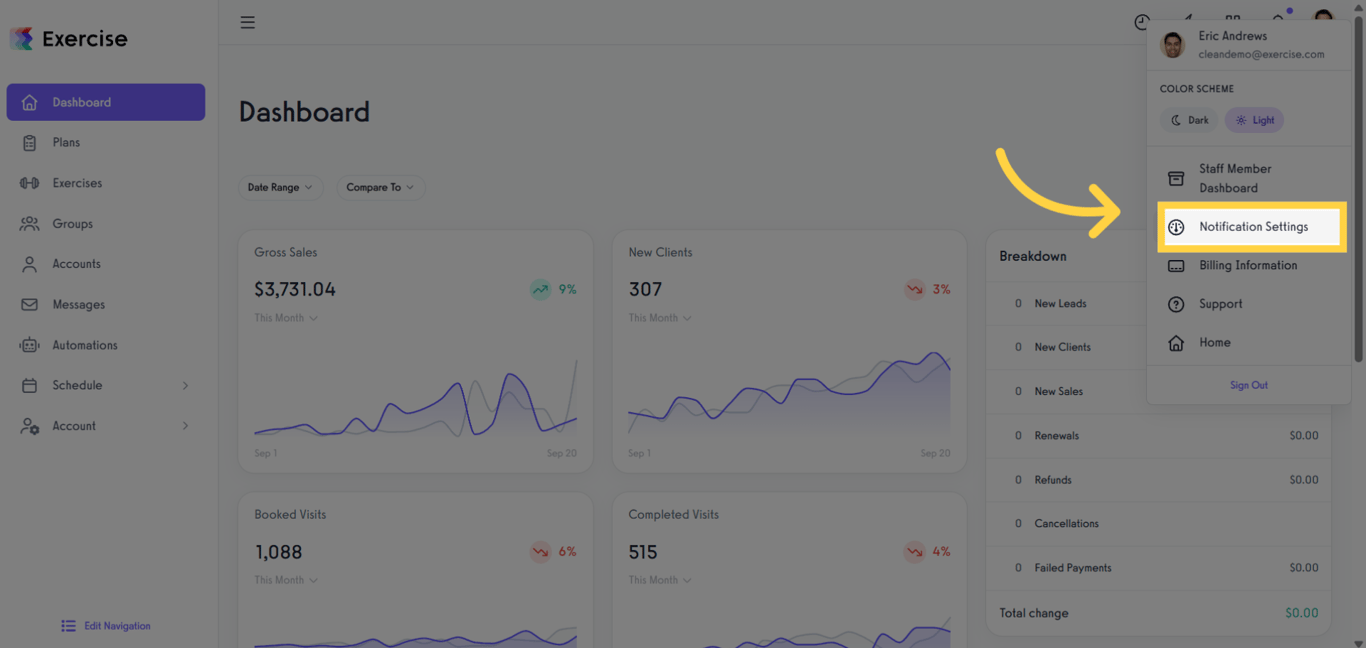 Notification Settings page in Exercise.com app.