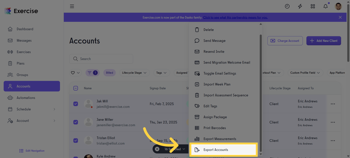 Select Export Accounts Option