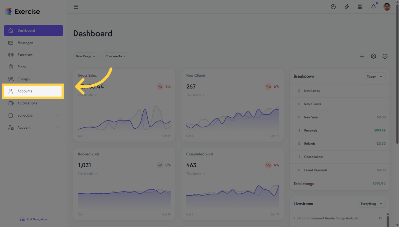 Click the Accounts tab on your Dashboard to access client account options.