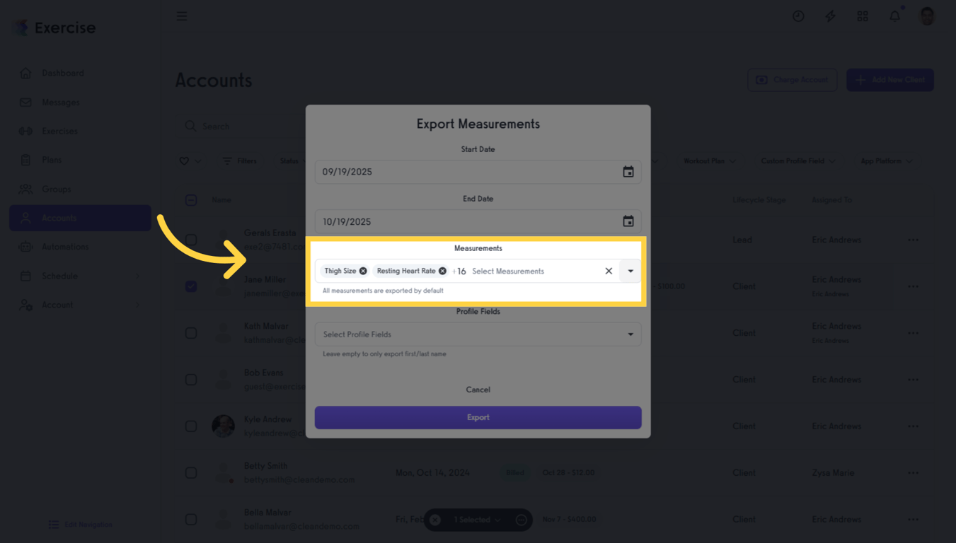 Select measurement types to export.