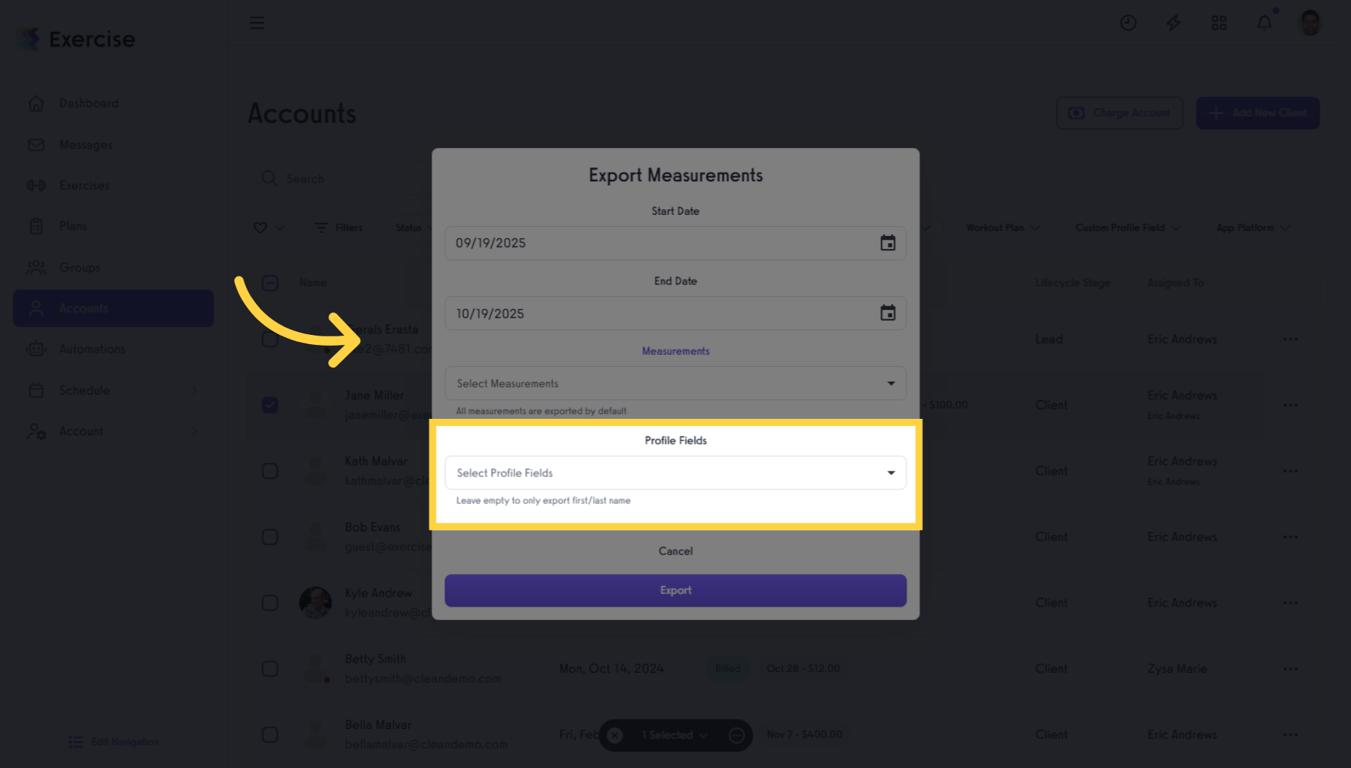 Choose profile fields to include in the export.