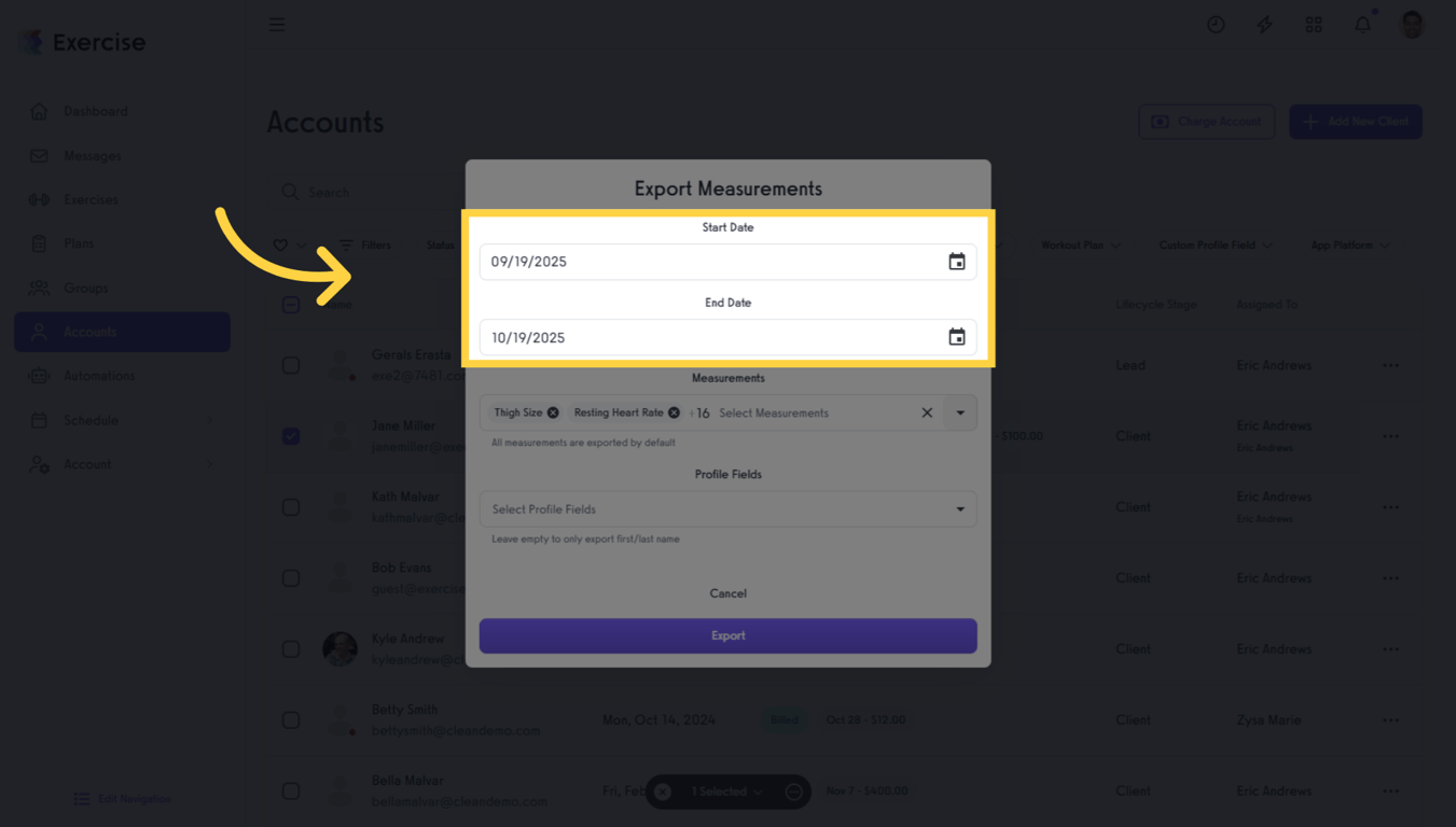 Select Start and End Dates for export.