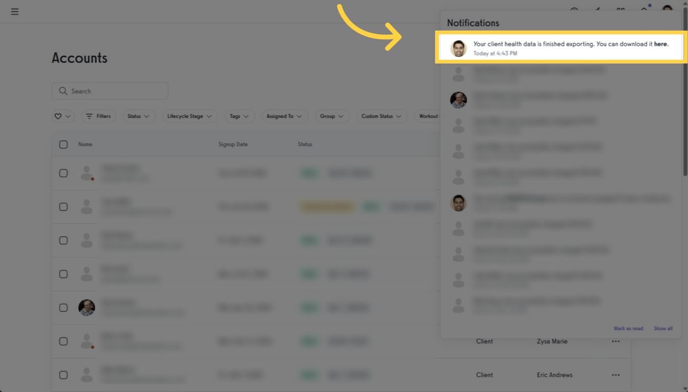 Download the exported file from notifications.