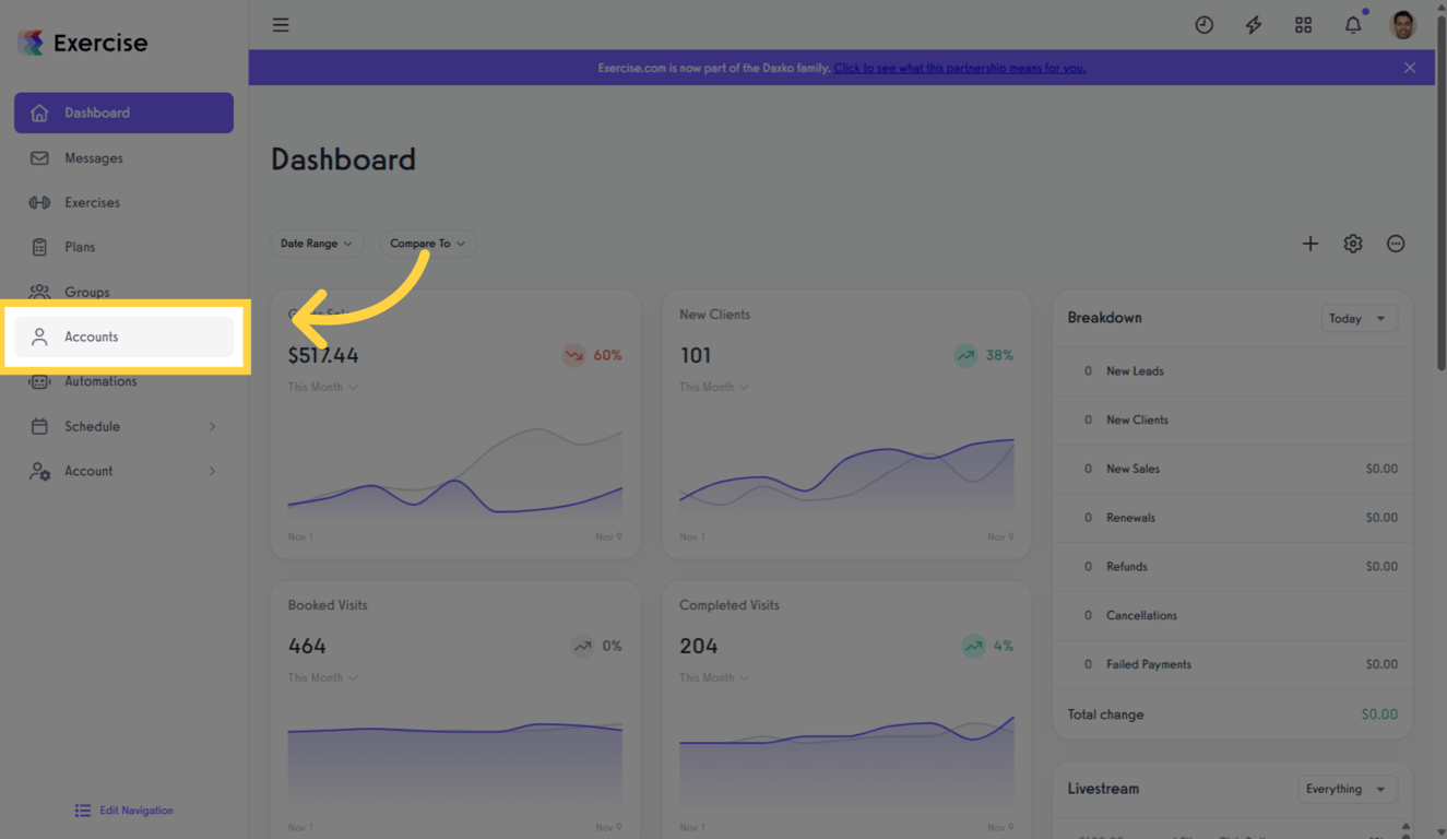 Click “Accounts” on the Clients Tab.