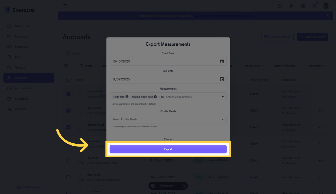 Click “Export” to Download Data.